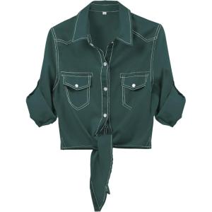 Omoone Women’s 3/4 Sleeve Modern Denim Crop Top Tie Knot Shirt Cardigan(Darkgreen)
