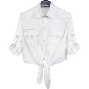 Omoone Women’s 3/4 Sleeve Modern Denim Crop Top Tie Knot Shirt Cardigan(White)