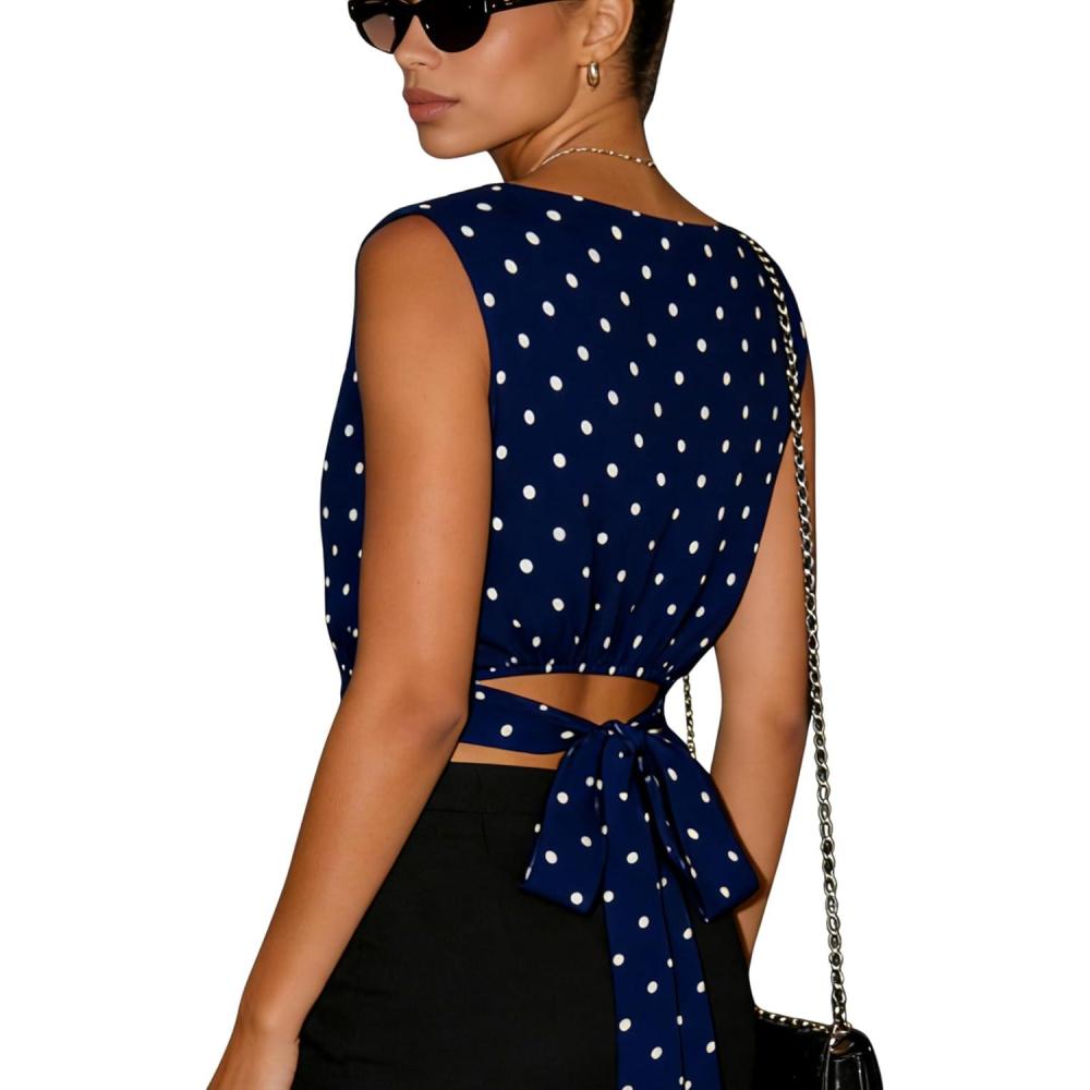 imageOmoone Womens Polka Dot Sleeveless Boat Neck Crop Top Bow Tie Back Blouse Summer Casual ShirtNavy