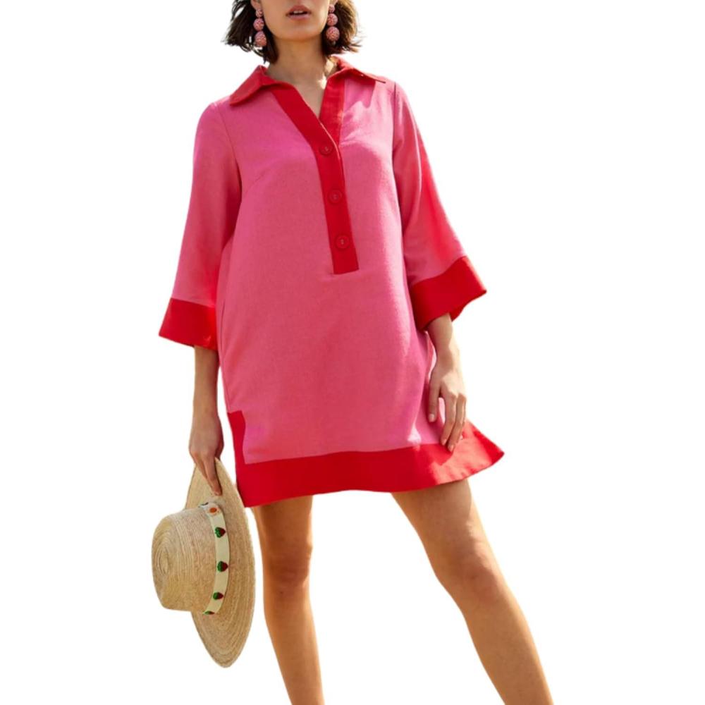 imageOmoone Swimsuit Coverup for Women Color Block Summer Beach Dresses V Neck Mini Linen Dress Shirts with PocketsRed