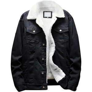 Men’s Lapel Sherpa Fleece Lined Thicken Denim Jean Trucker Jacket Coats(Black Fleece White)