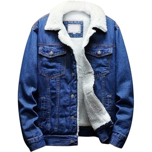 Men’s Lapel Sherpa Fleece Lined Thicken Denim Jean Trucker Jacket Coats(Dark Blue Fleece White)