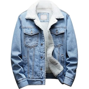 Men’s Lapel Sherpa Fleece Lined Thicken Denim Jean Trucker Jacket Coats(Denim Blue Fleece White)