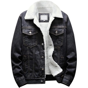 Men’s Lapel Sherpa Fleece Lined Thicken Denim Jean Trucker Jacket Coats(Retro Black Fleece White)