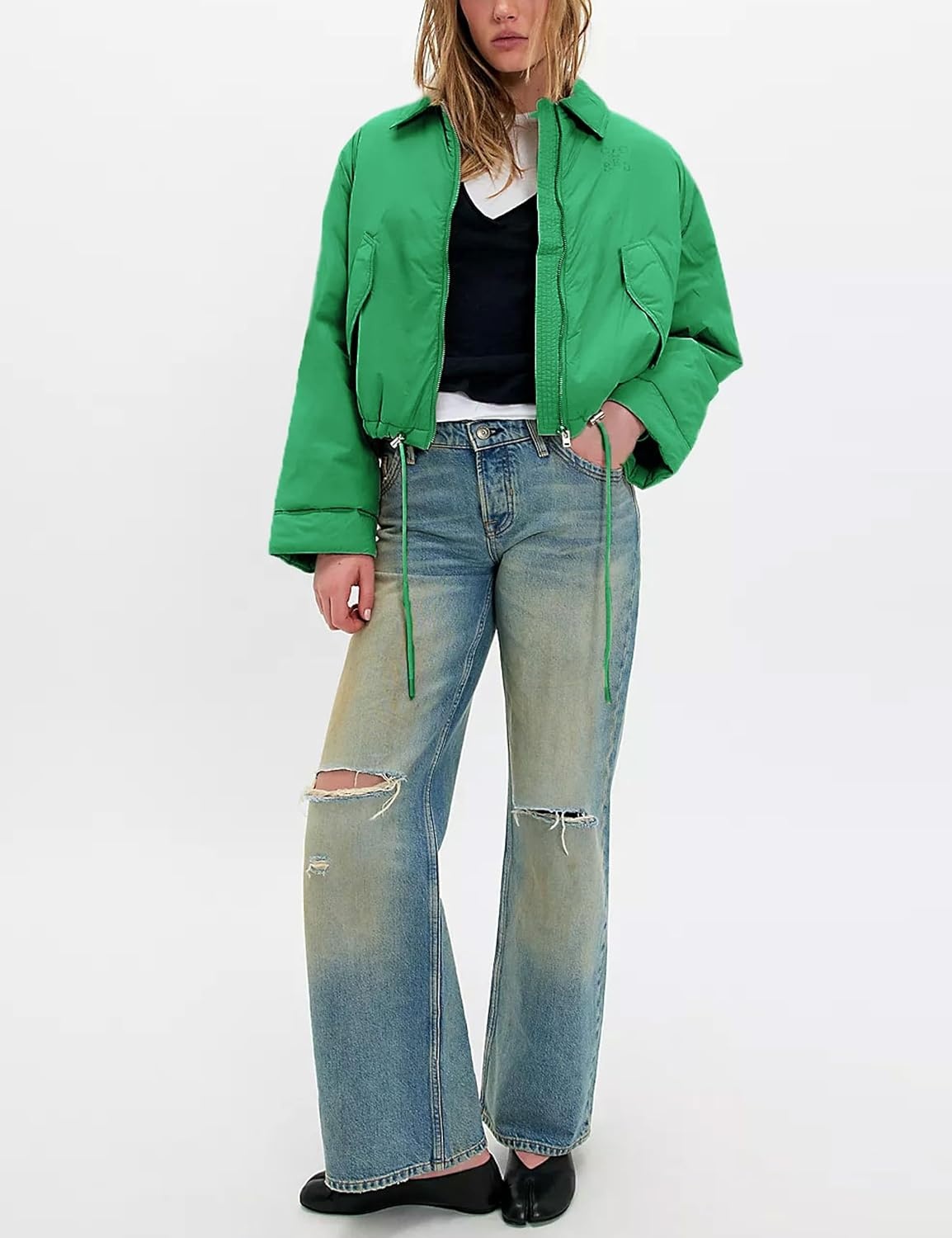 image:imageOmoone Womens Cropped Puffer Jacket Oversized Warm Quilted Winter CoatsGreen