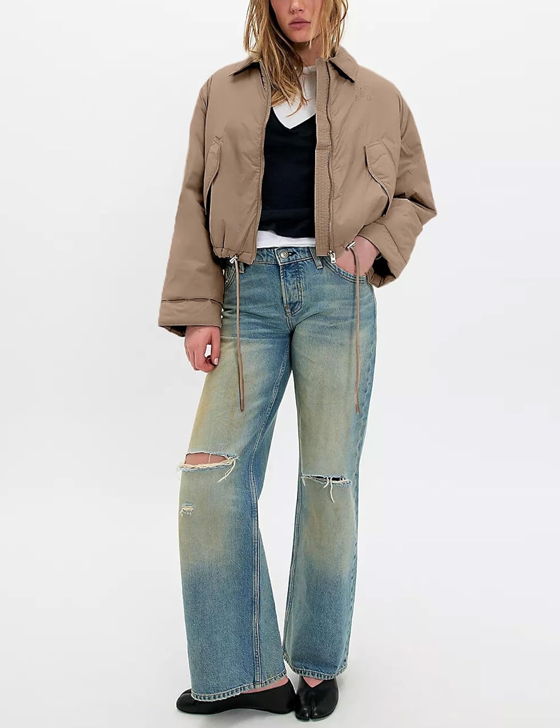 image:imageOmoone Womens Cropped Puffer Jacket Oversized Warm Quilted Winter CoatsKhaki