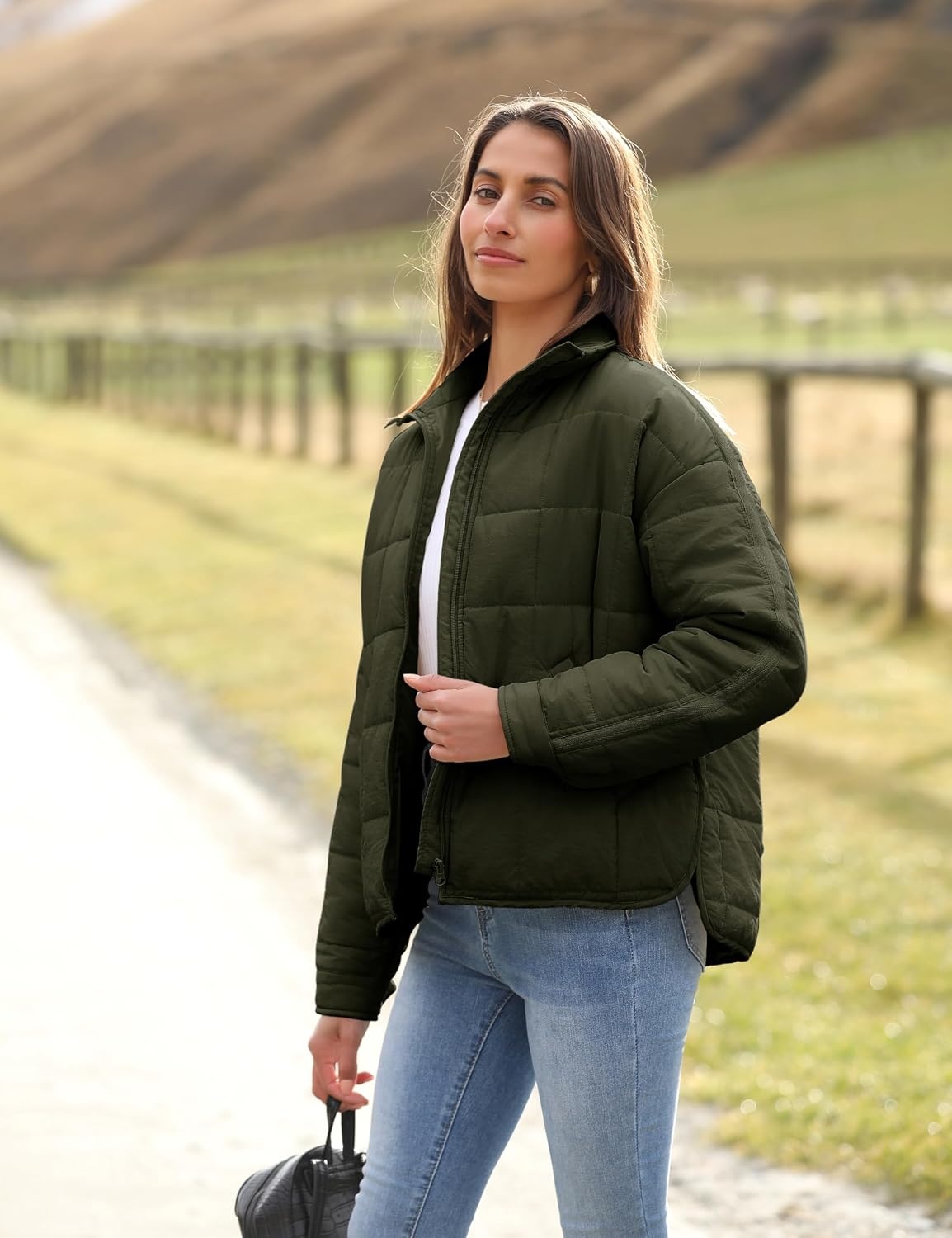 image:imageOmoone Womens Lightweight Quilted Puffer Jacket Casual Padded CoatArmy Green