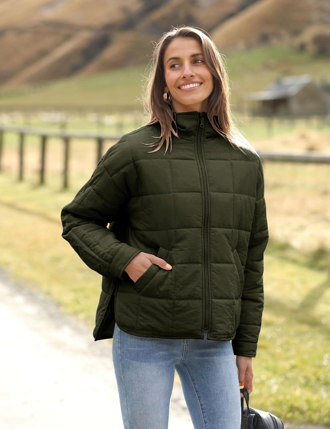 image:imageOmoone Womens Lightweight Quilted Puffer Jacket Casual Padded CoatArmy Green